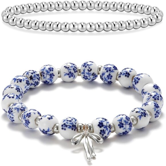 Beaded Charm Blue Silver Bracelet Women Vintage Flower Handmade Romantic Jewelry - Picture 1 of 1